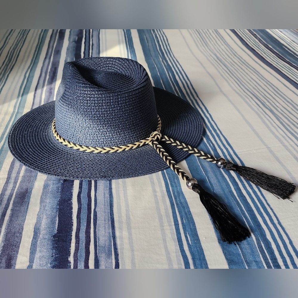 Navy Sun Hat with braided tassels & beads